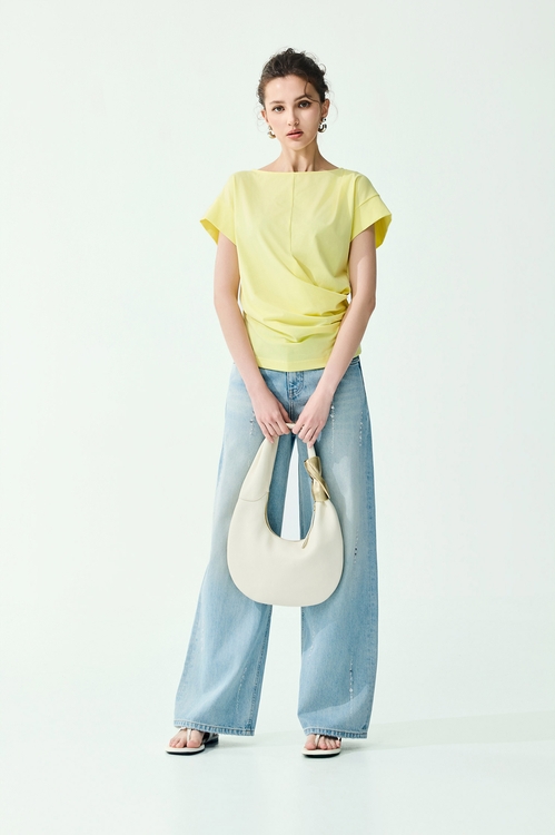 Embroidery Slogan Side Gathered Detail Tee,Season (SS) Look
