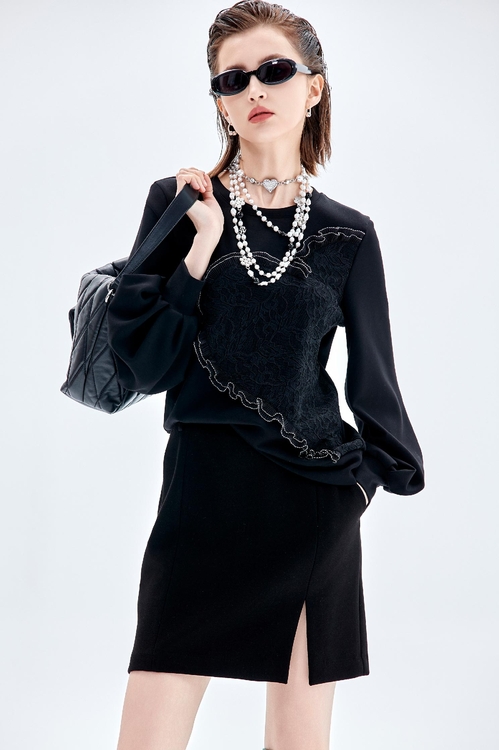 Long Sleeve Half Lace Heart Top,Lace