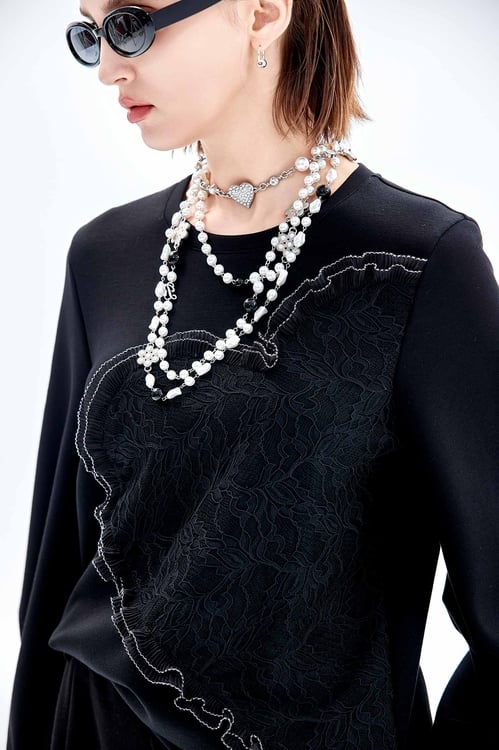 Long Sleeve Half Lace Heart Top,Lace