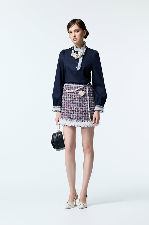 Navy Top With Contrast Ruffle Detail,Long sleeve tops