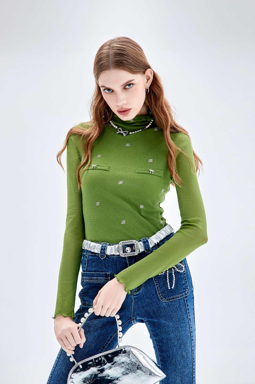 Pearl Detail Turtleneck Long Sleeve Top,Under shirts