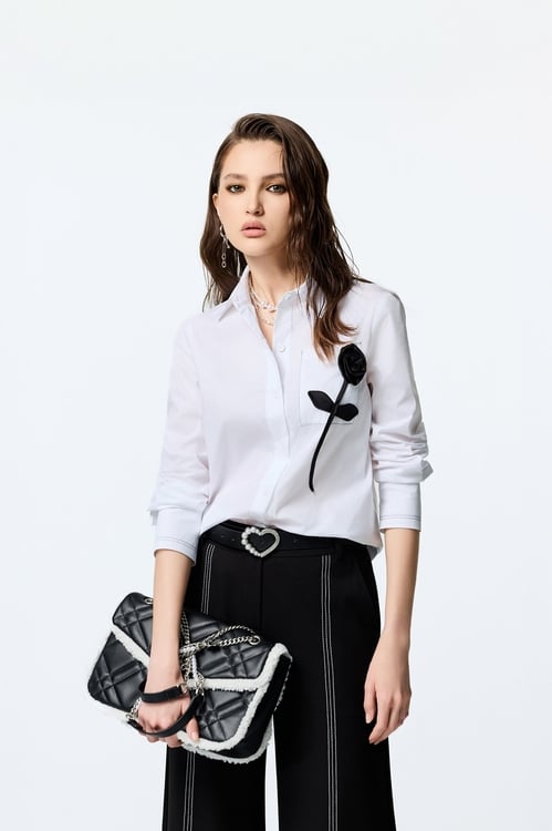 Black 3-D Rose Detail Blouse,Blouses