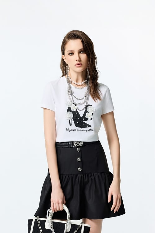 Front Graphic Floral Detail Short Sleeve Tee,White tops,White tops