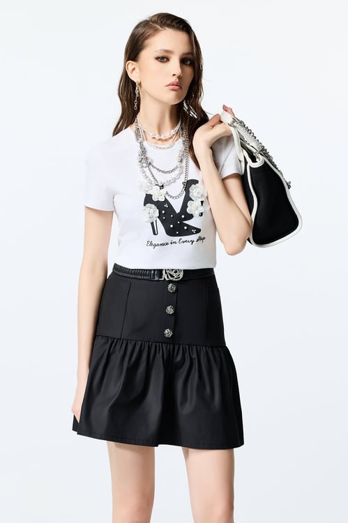 Front Graphic Floral Detail Short Sleeve Tee,White tops,White tops