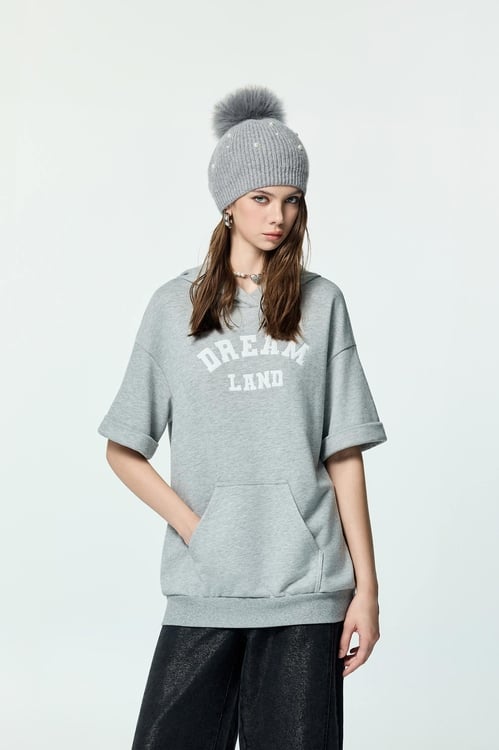 Front Slogan Hoodie Grey Tee,Embroidered,Embroidered