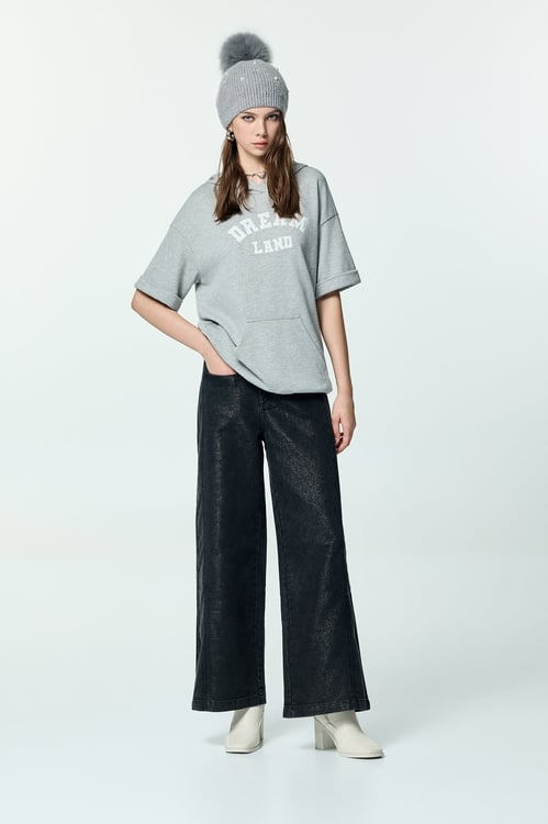 Front Slogan Hoodie Grey Tee,Embroidered,Embroidered