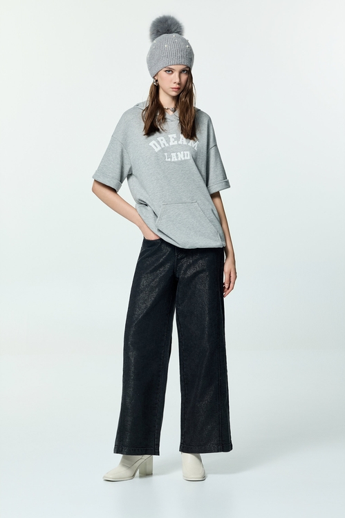 Front Slogan Hoodie Grey Tee,Embroidered,Embroidered