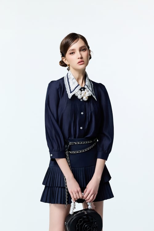 Navy Blouse With Contrast Lace Collar Detail,Blouses