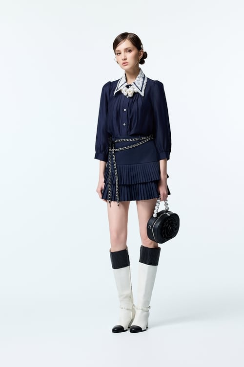 Navy Blouse With Contrast Lace Collar Detail,Blouses