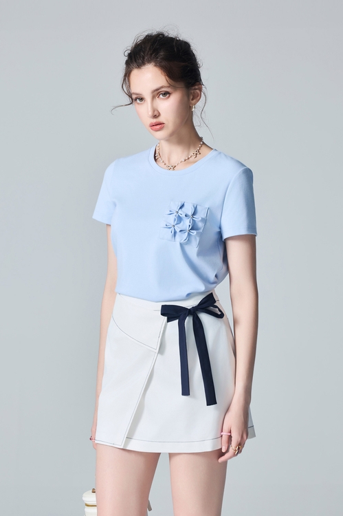 Ice Blue Stylish Patch Pocket Tee,Tops