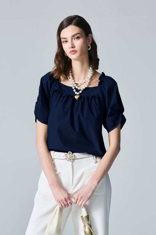 Bow Styling Sleeve Ruffle Trim Top,Tops