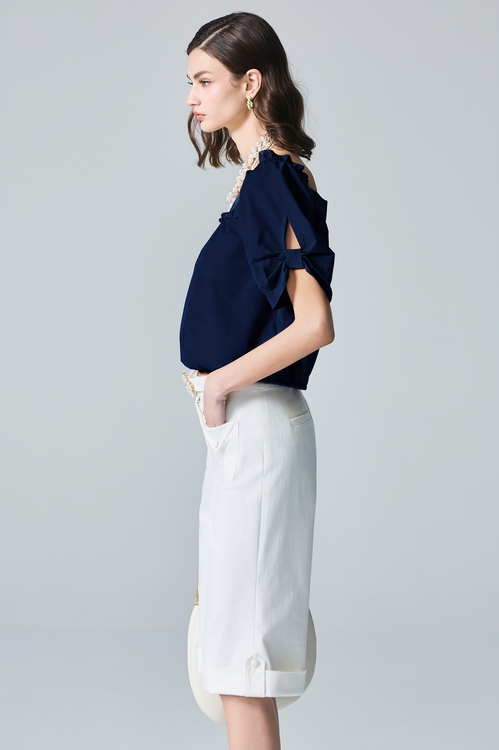 Bow Styling Sleeve Ruffle Trim Top,Tops