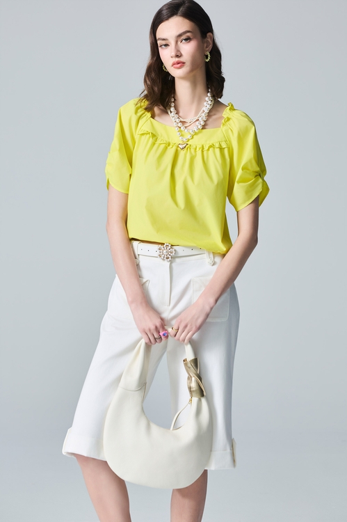 Bow Styling Sleeve Ruffle Trim Top,Tops