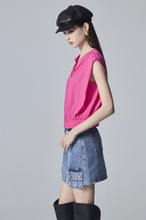 Deep Pink Pleated Elastic Hem Vest,,Deep Pink Pleated Elastic Hem Vest,Dresses,Denim,Denim skirts,Season (AW) Look,Knitted,Tops,Rayon,Season (SS) Look