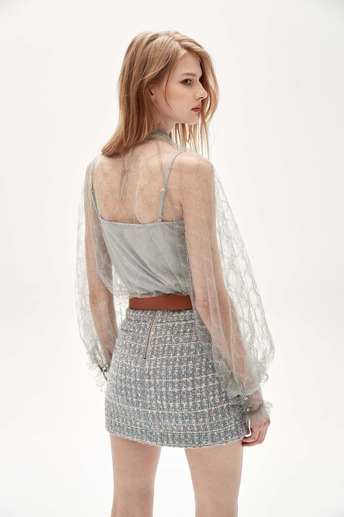 Grey Ribbon Bow Collar Lace Top,Mesh fabric