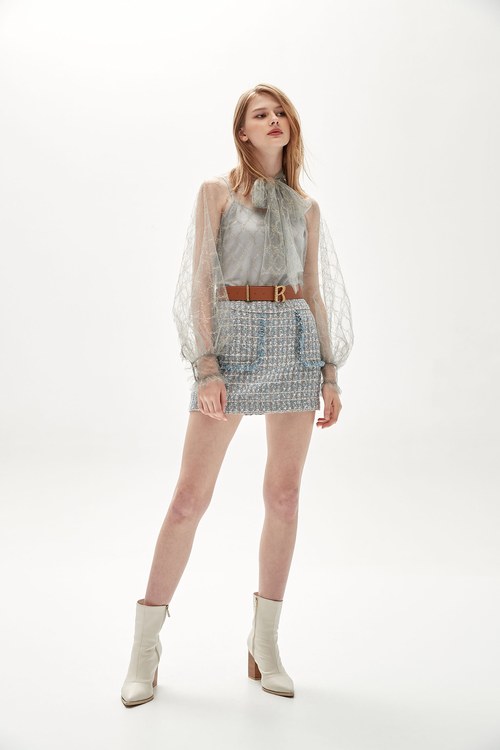 Grey Ribbon Bow Collar Lace Top,Mesh fabric