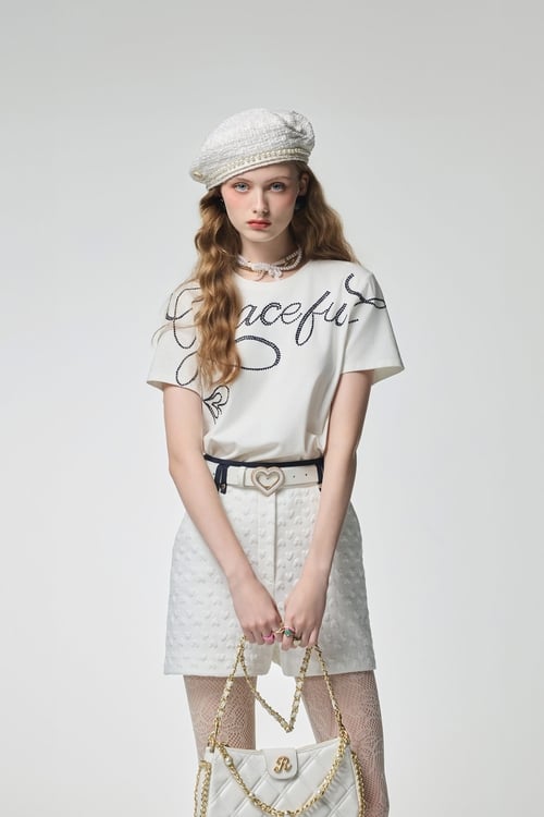 Front Embroidery Slogan Short Sleeve Tee,Embroidered,Embroidered