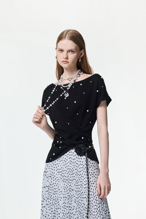 Pearl Applique Short Sleeve Top,pearl