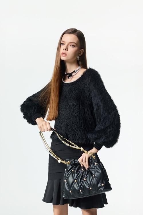 Pearl Detail Faux Fur Top,Blouses