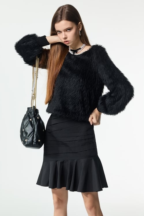 Pearl Detail Faux Fur Top,Blouses