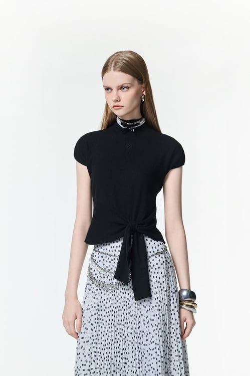 Front Knot Knit Top,Embroidered,Embroidered