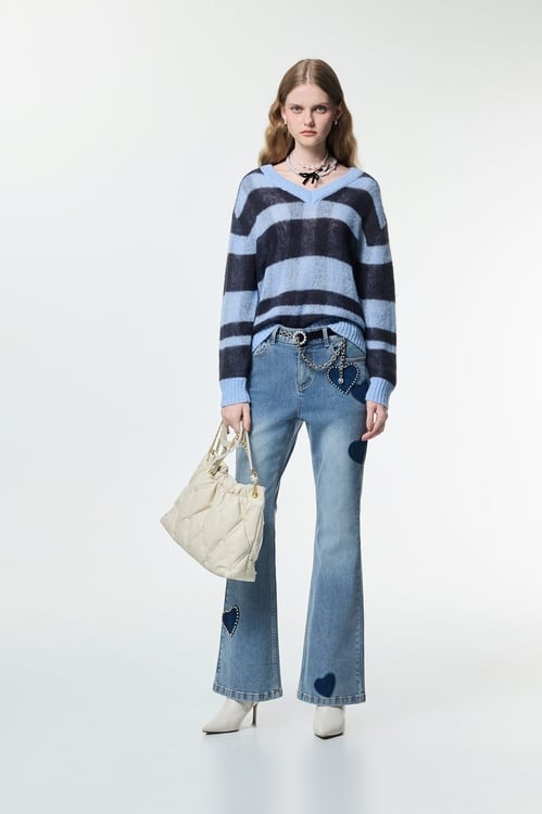 Contrast Stripe V-neck Knit Top,Knitted