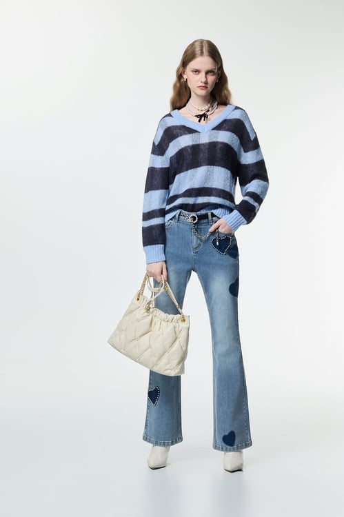 Contrast Stripe V-neck Knit Top,Knitted