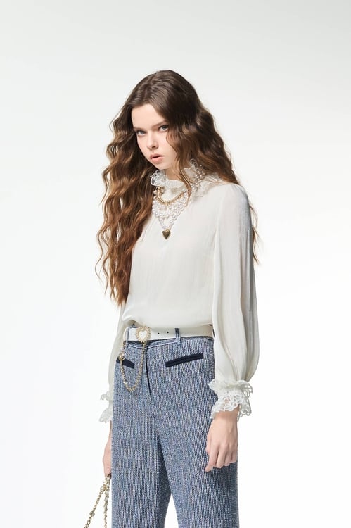 Long Sleeve Lace Detail Ruffle Top,Lace