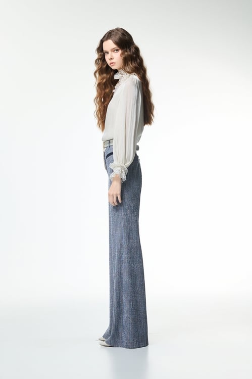 Long Sleeve Lace Detail Ruffle Top,Lace