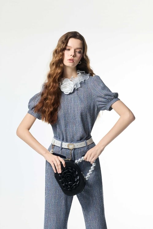 Ruffle Collar Short Sleeve Top,pearl