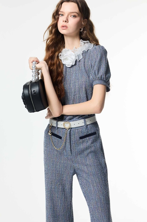 Ruffle Collar Short Sleeve Top,pearl