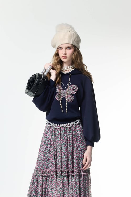 Front butterfly Graphic Hoodie Top,pearl