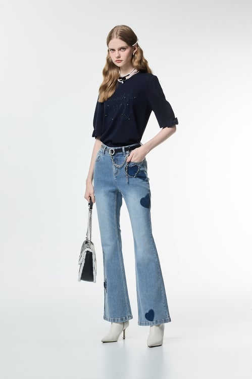 Front Stitch Slogan Navy Tee,Embroidered,Embroidered