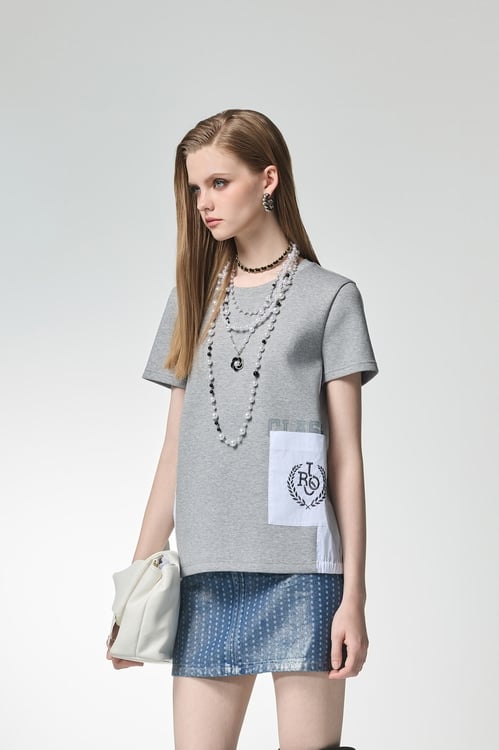 Patch Pocket Detail Short Sleeve Top,Embroidered,Embroidered