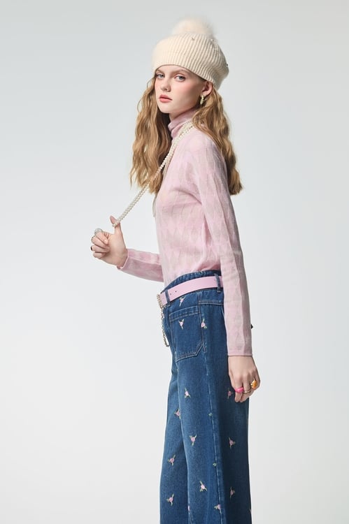 Pink Argyle Pattern Knit Top,Plaid