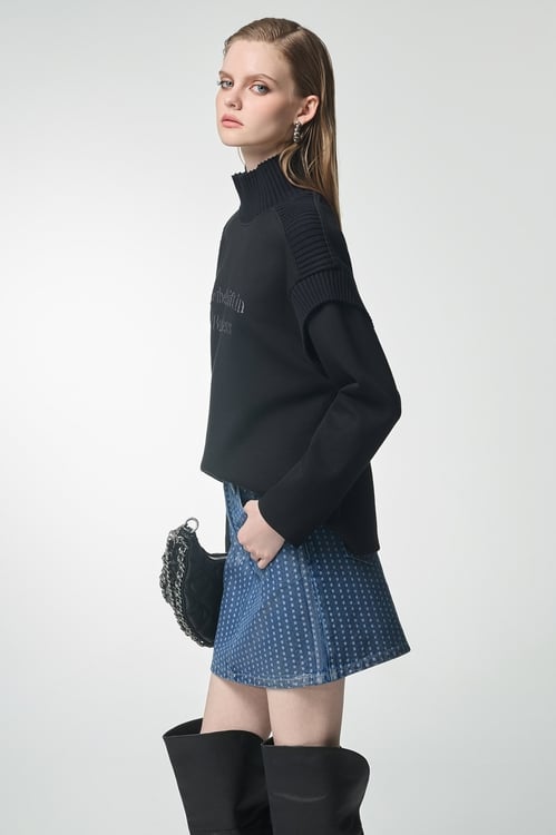 Rib Detail Long Sleeve Top,Embroidered,Embroidered