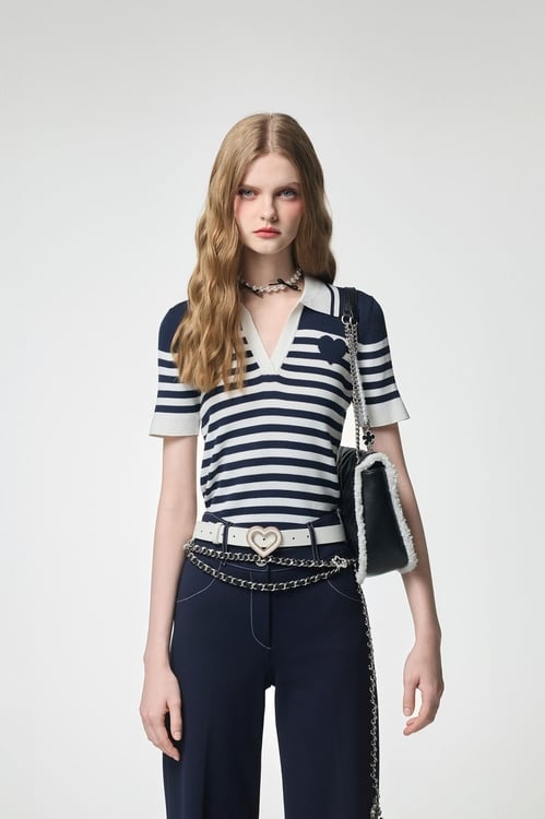 Contrast Stripe Polo Knit Top,Knitted