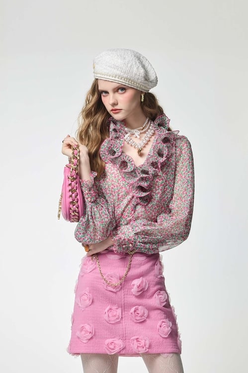 Floral Print Ruffle Chiffon Top,Chiffon