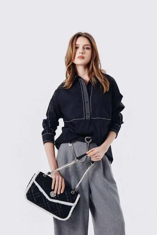 Contrast Stitch Detail Dark Grey Blouse,Blouses