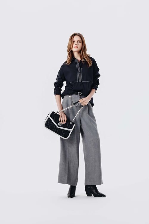 Contrast Stitch Detail Dark Grey Blouse,Blouses