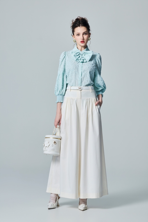 Bow Collar Floral Detail Blouse,Embroidered,Embroidered