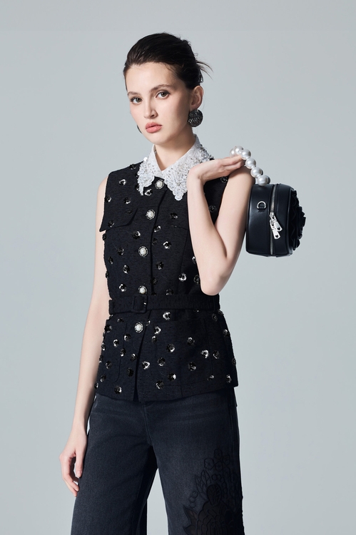 Floral Sequin Mid Length Vest,pearl
