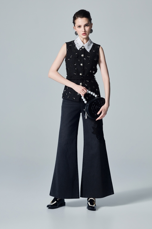 Floral Sequin Mid Length Vest,pearl