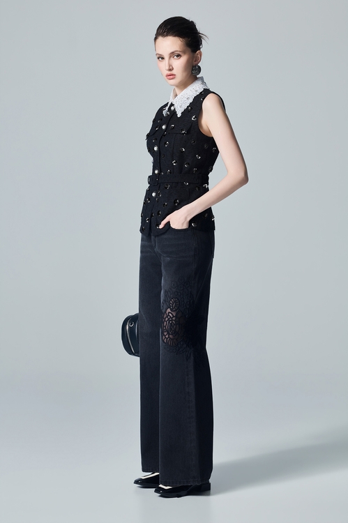 Floral Sequin Mid Length Vest,pearl
