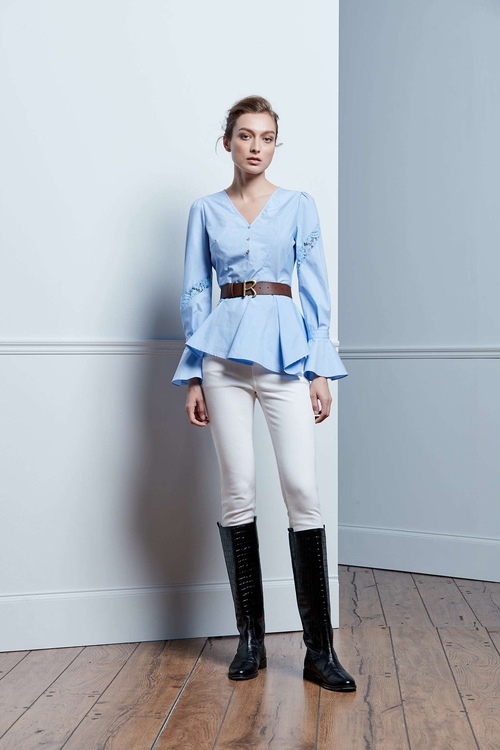 V-neck Pleated Blouse,Rayon