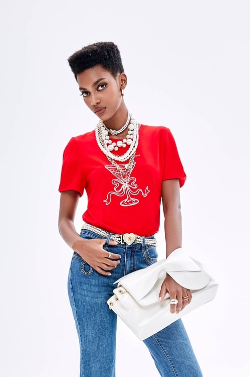 Front Graphic Short Sleeve Red Tee,Embroidered tops