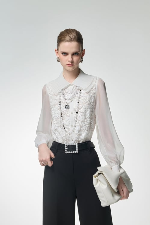 Sequin Pearl Detail Lace Blouse,Office Looks