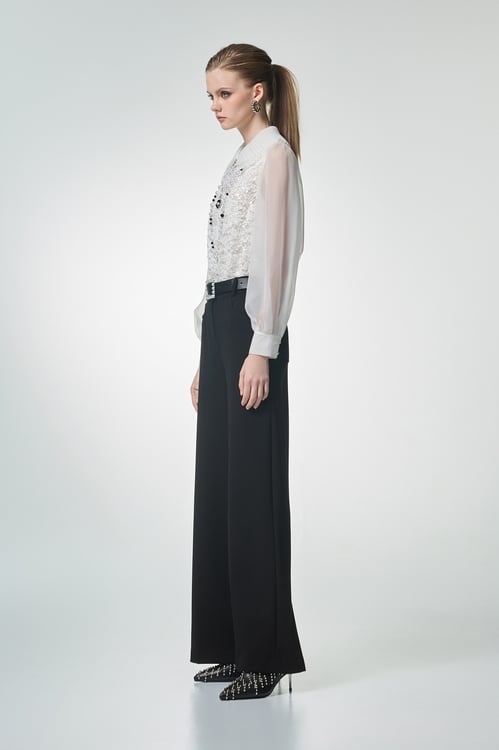 Sequin Pearl Detail Lace Blouse,Office Looks