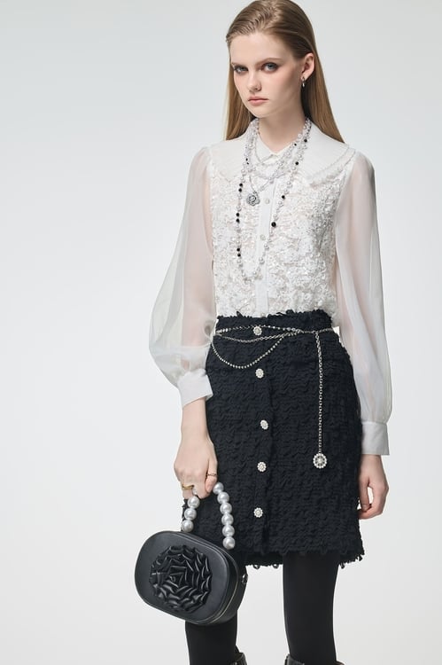 Sequin Pearl Detail Lace Blouse,Office Looks