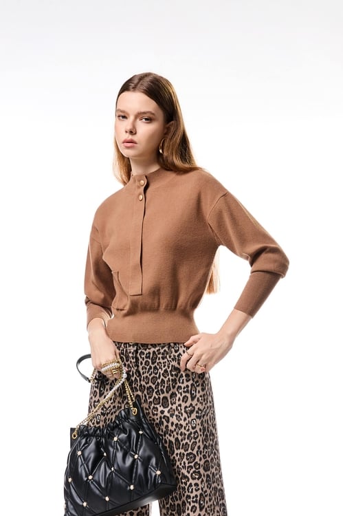 Patch Pocket Long Sleeve Knit Top,Knitted